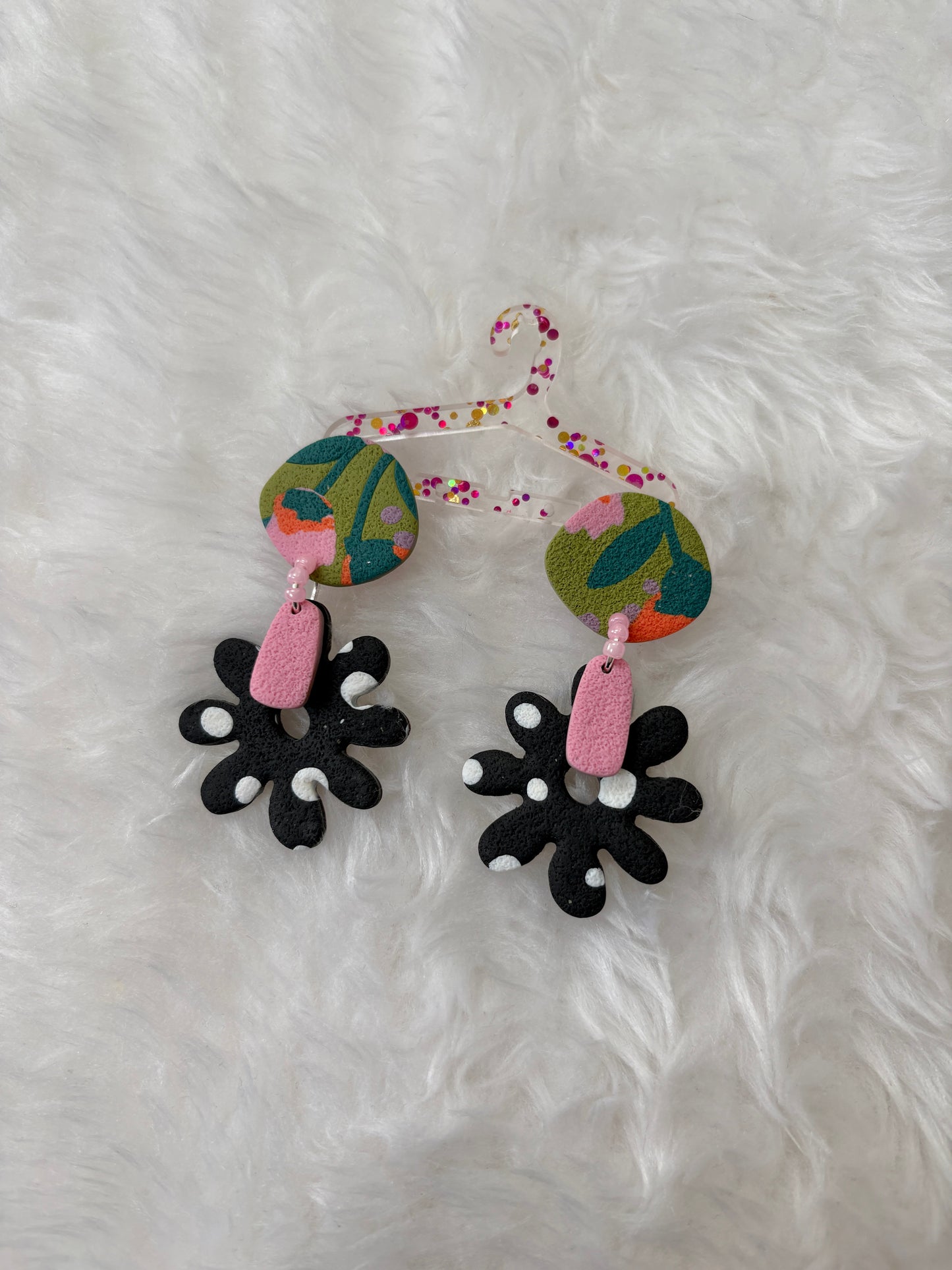 Pink & Olive Floral Polymer Clay Statement Earrings