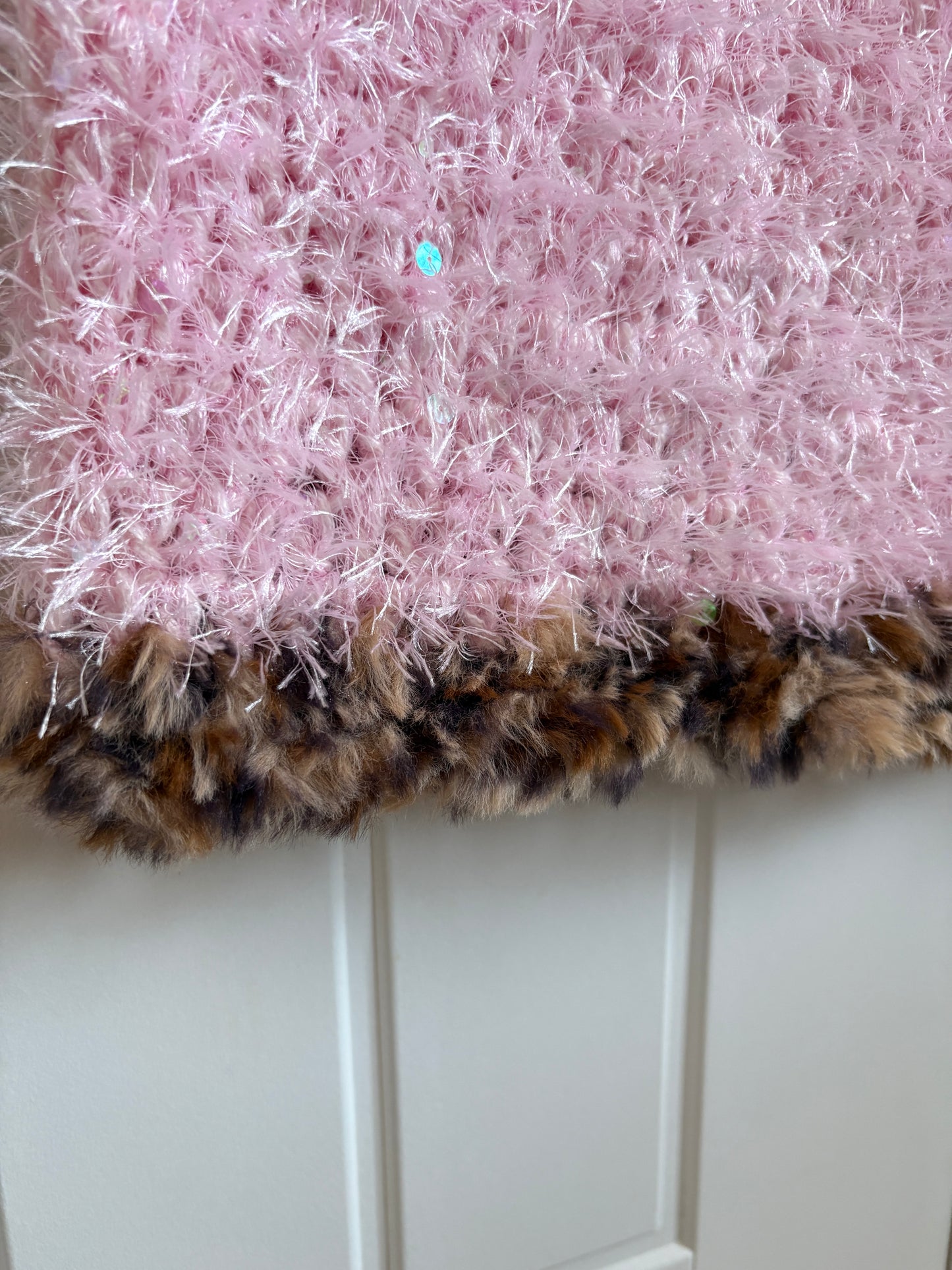 Fluffy Sequin Short Sleeve Crop with Leopard Trim