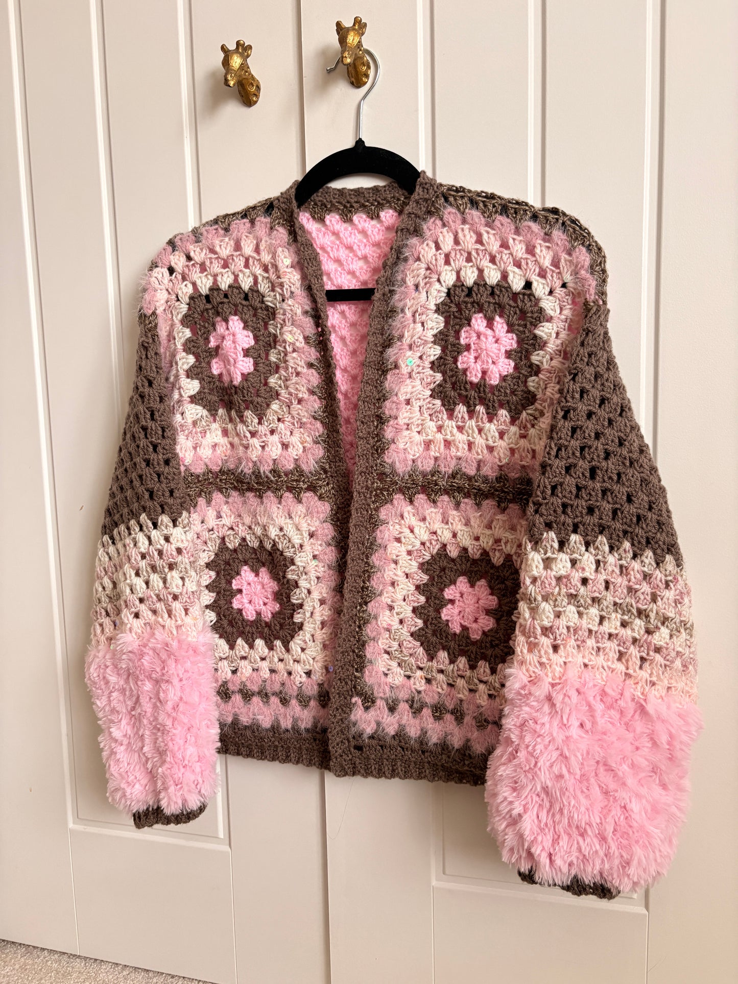 Pink & Brown Granny Square Crochet Cardigan