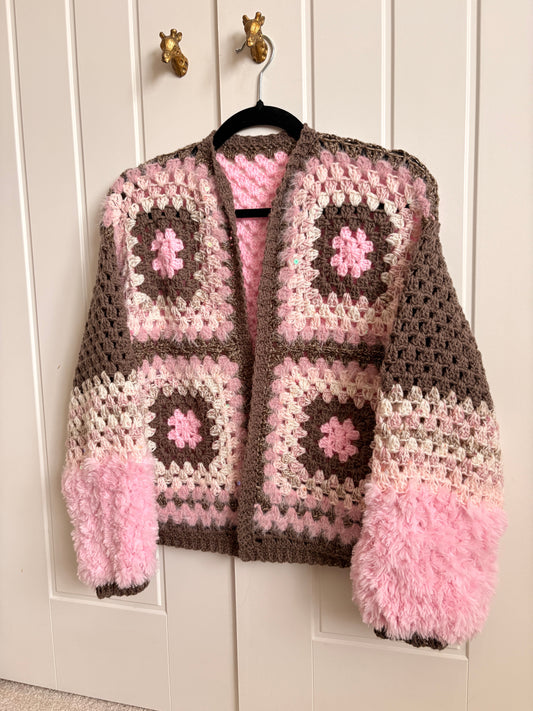 Pink & Brown Granny Square Crochet Cardigan