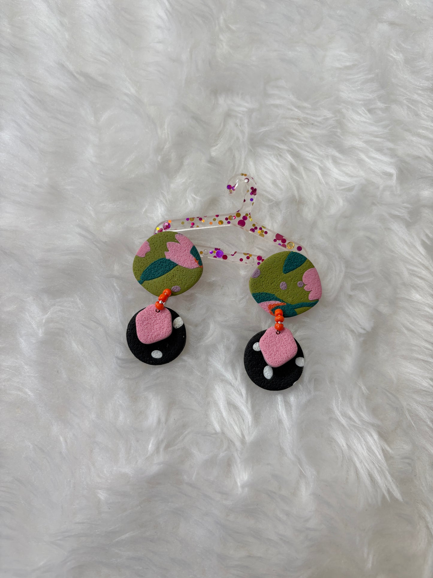 Pink & Olive Floral Polymer Clay Statement Earrings