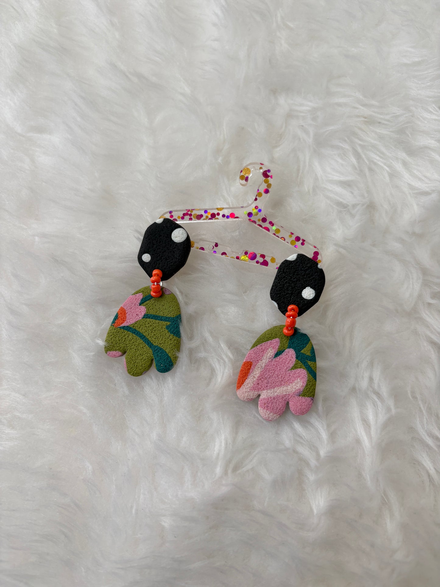 Pink & Olive Floral Polymer Clay Statement Earrings