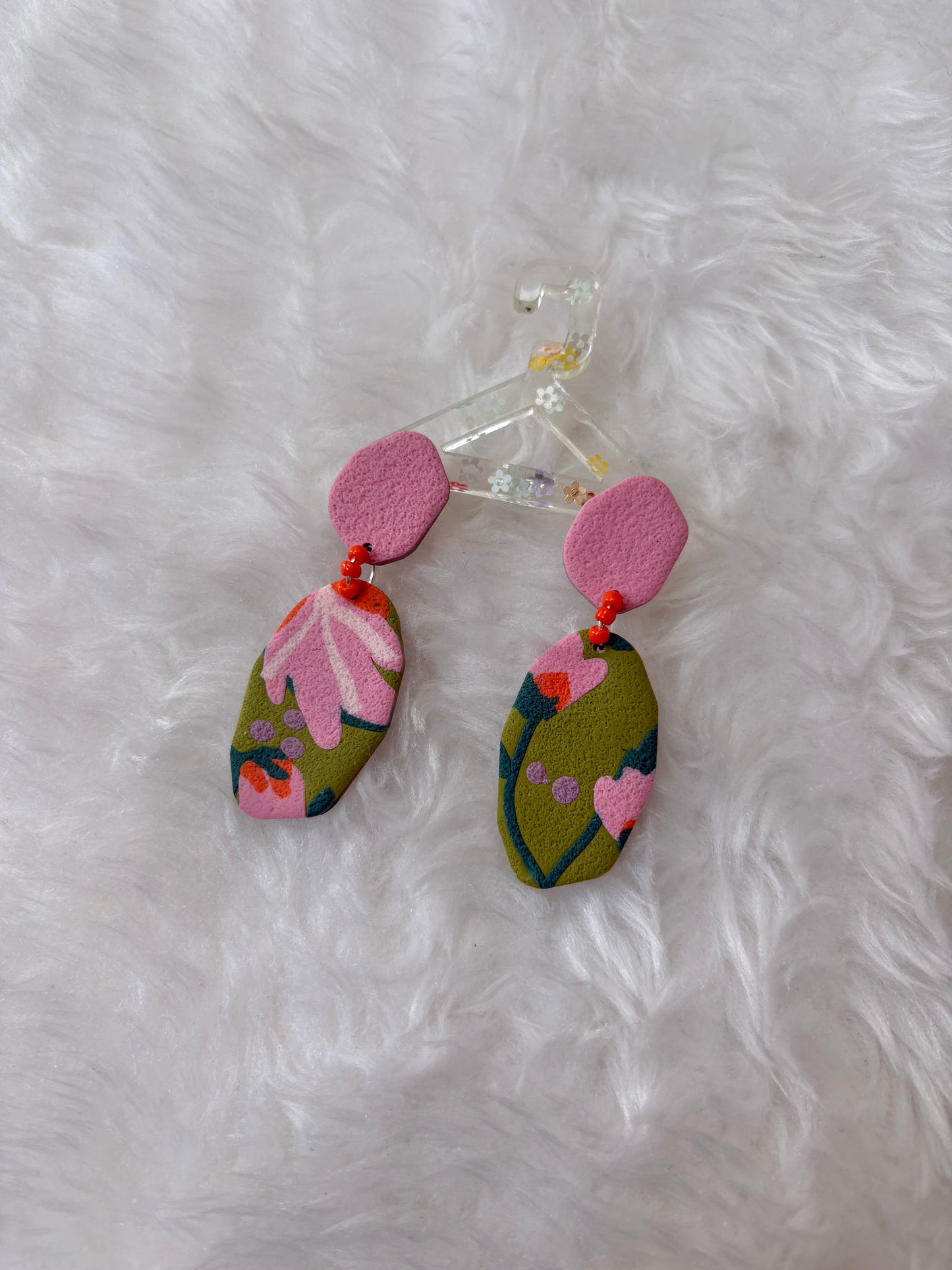 Pink & Olive Floral Polymer Clay Statement Earrings