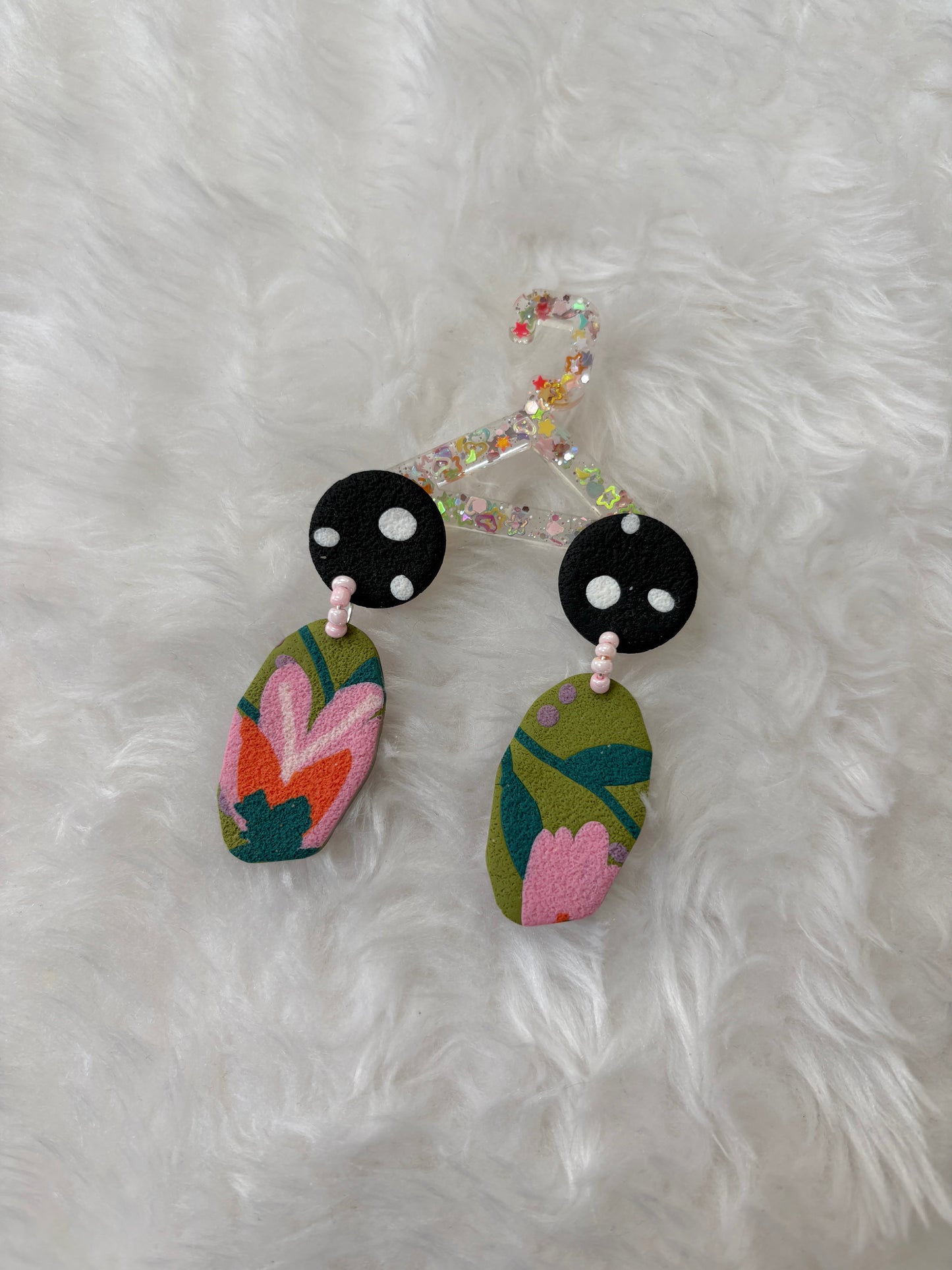 Pink & Olive Floral Polymer Clay Statement Earrings