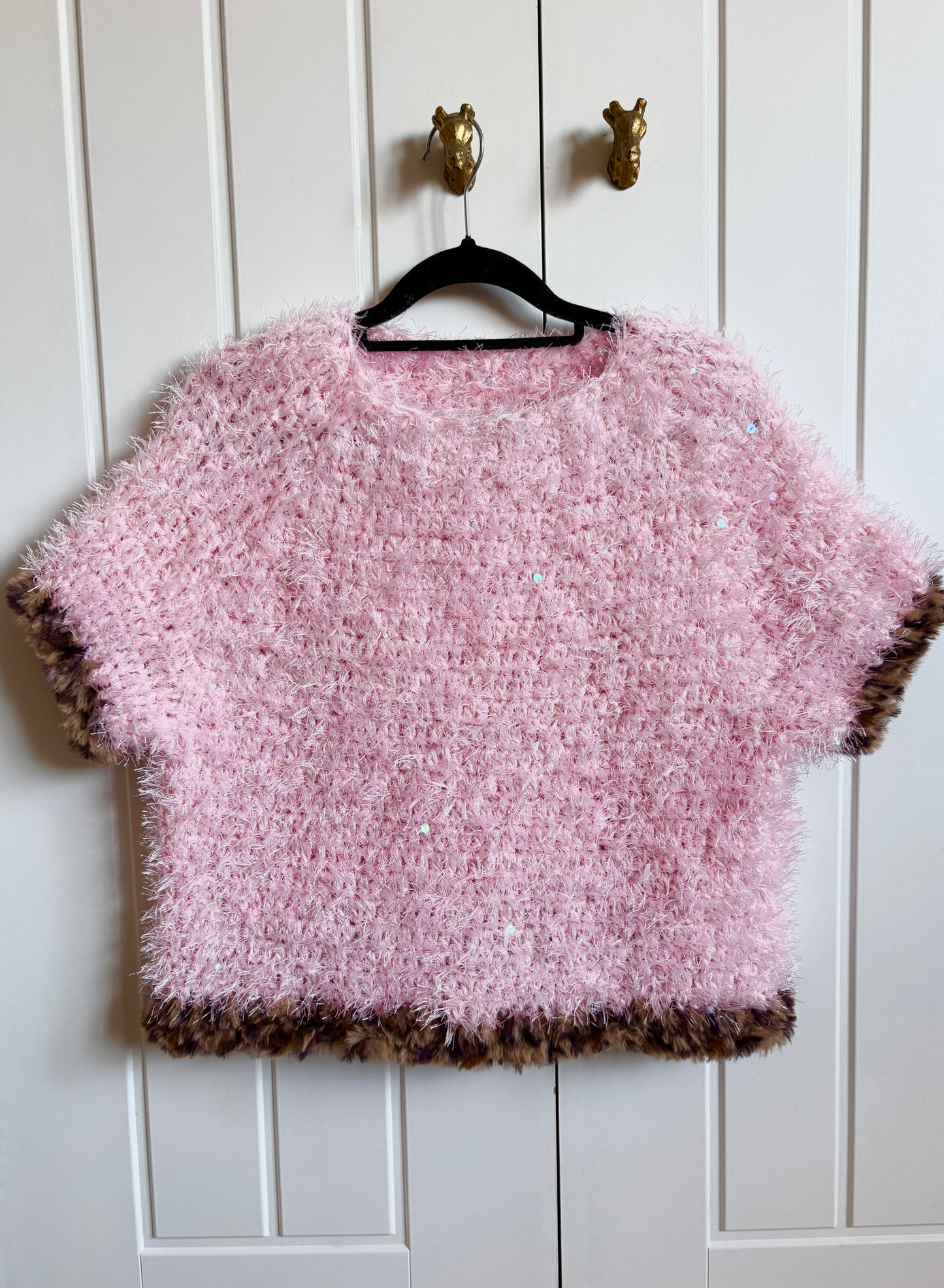 Fluffy Sequin Short Sleeve Crop with Leopard Trim