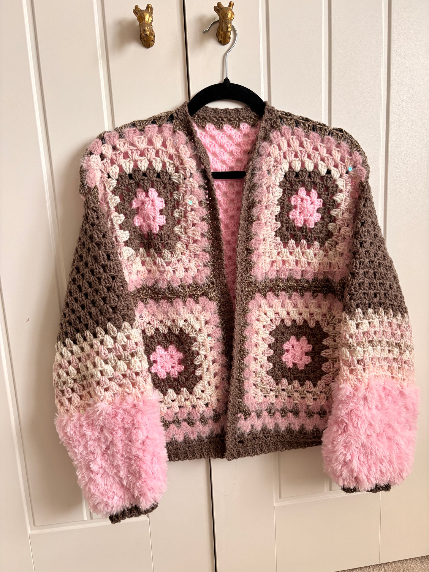Pink & Brown Granny Square Crochet Cardigan