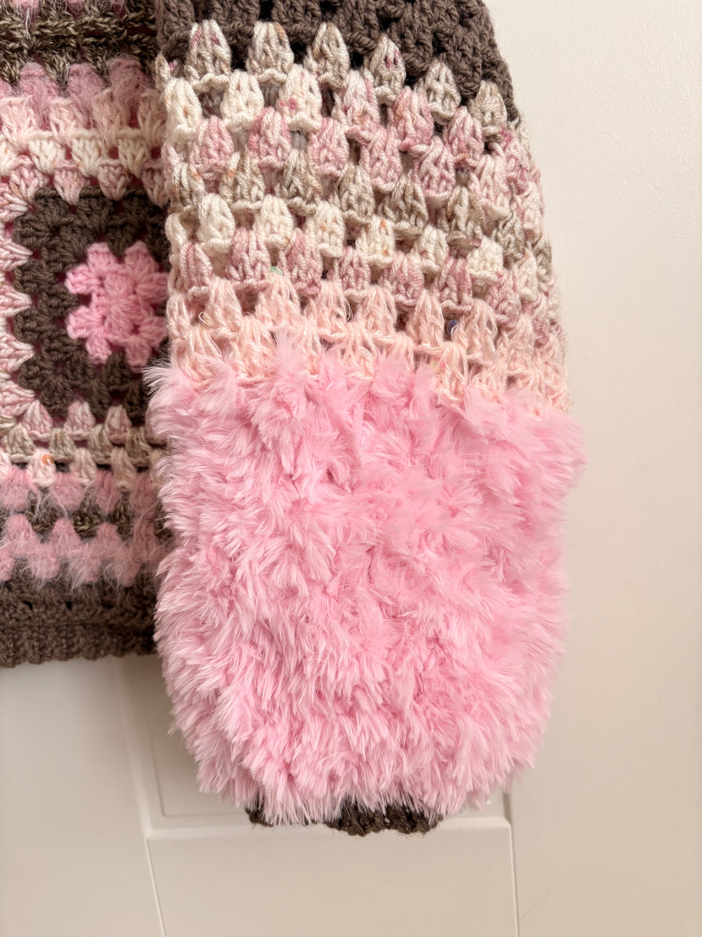 Pink & Brown Granny Square Crochet Cardigan
