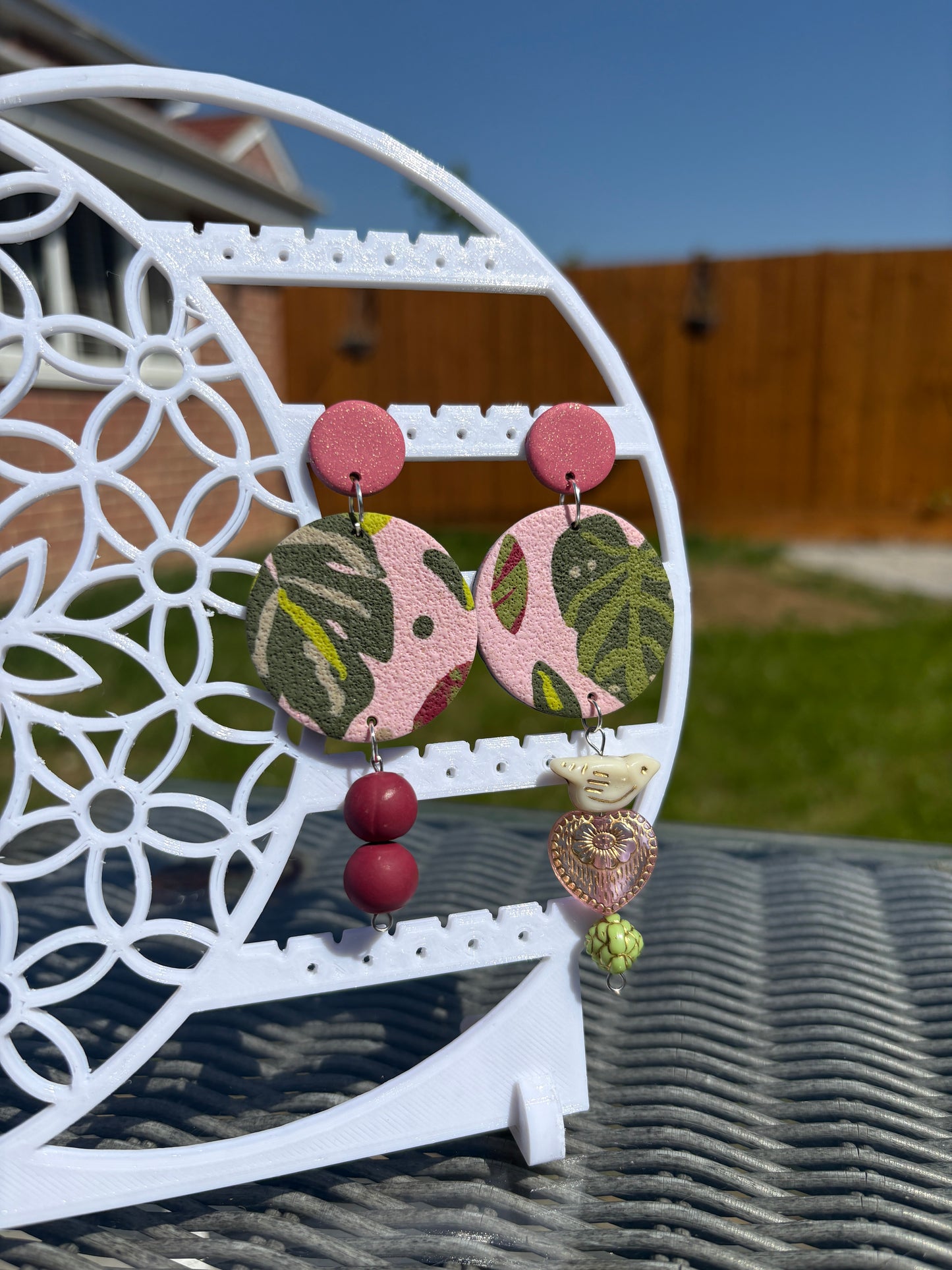 Handmade Polymer Clay Statement Earrings | Leaf Print