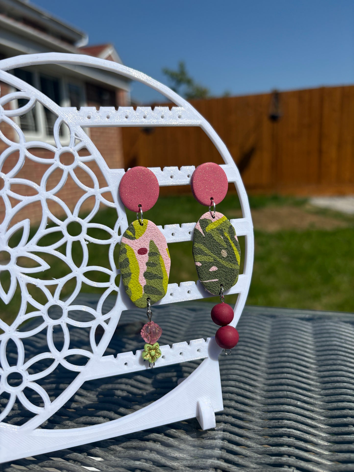 Handmade Polymer Clay Statement Earrings | Leaf Print