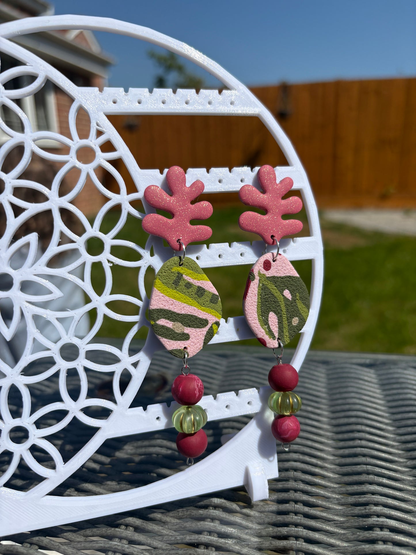 Handmade Polymer Clay Statement Earrings | Leaf Print