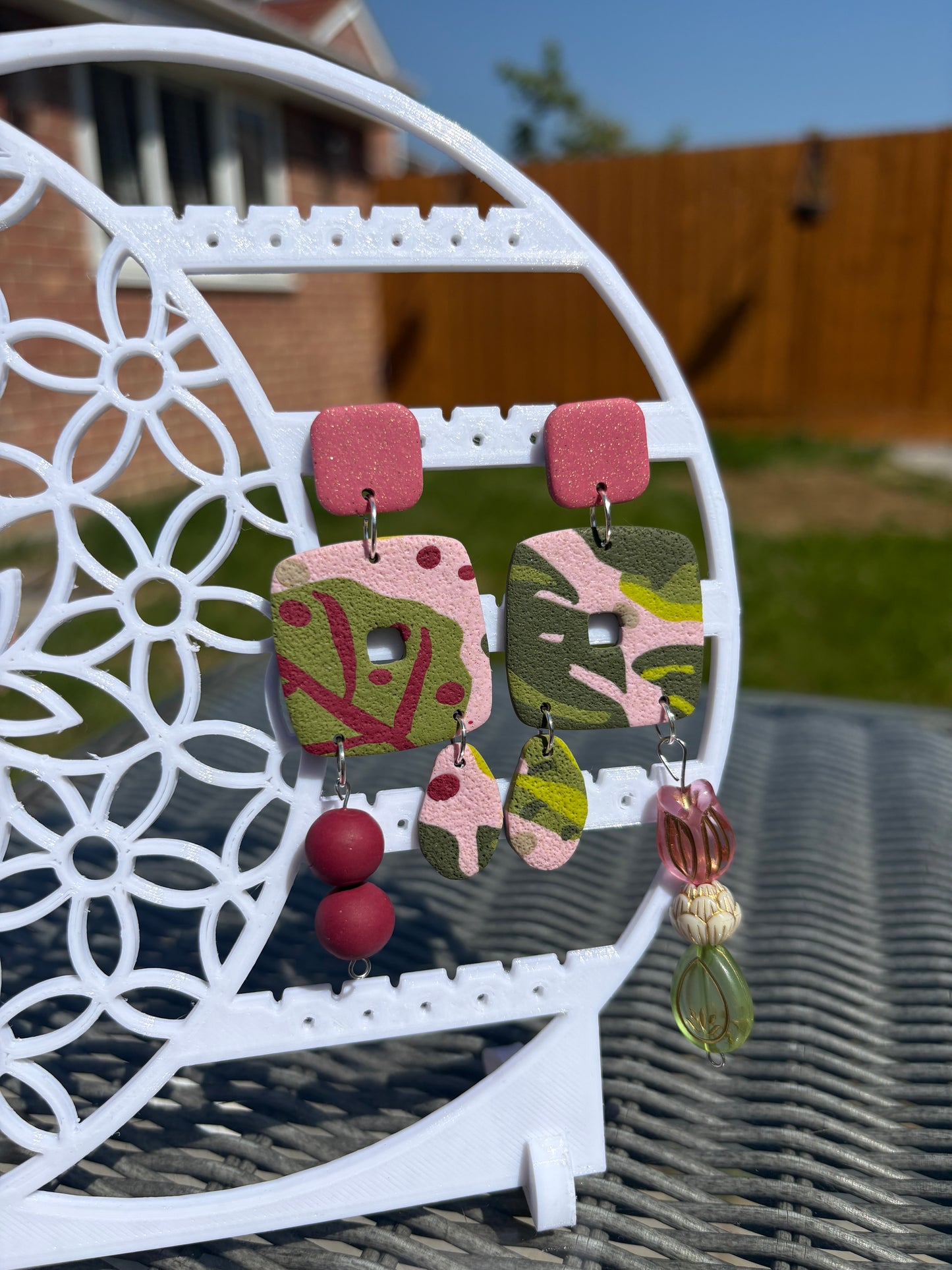 Handmade Polymer Clay Statement Earrings | Leaf Print