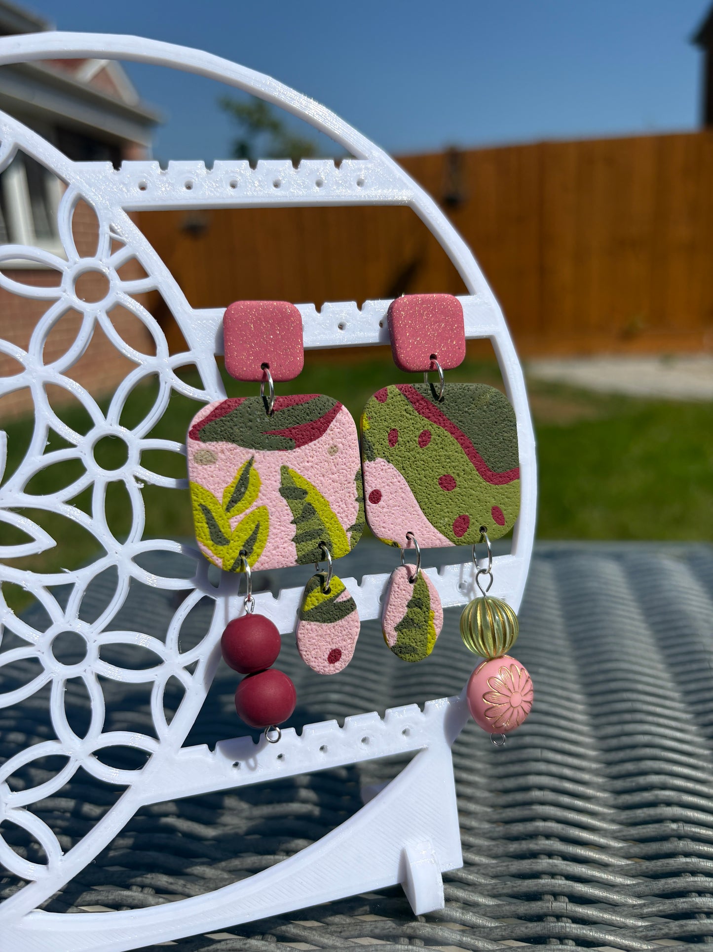 Handmade Polymer Clay Statement Earrings | Leaf Print