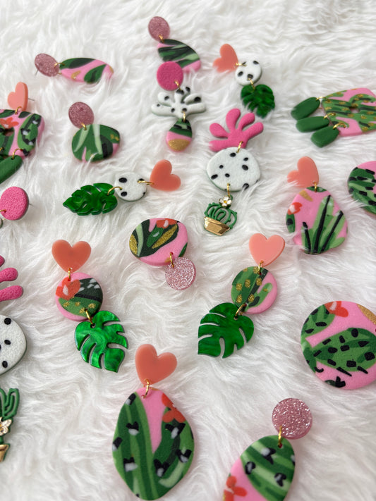 Handmade Polymer Clay Statement Earrings | Pink Cactus