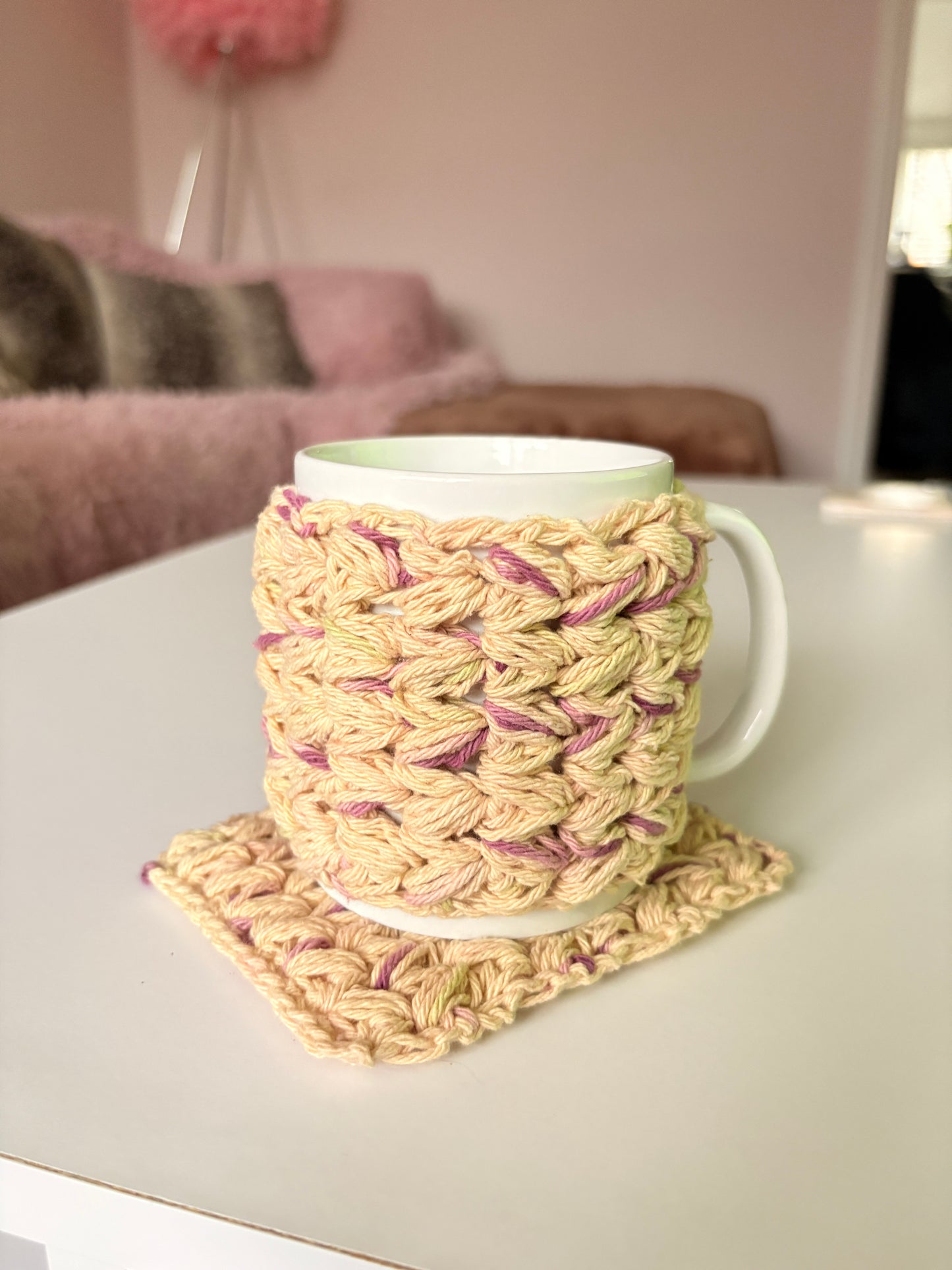 Handmade Crochet Cotton Mug Hug Cozy + Matching Coaster Set