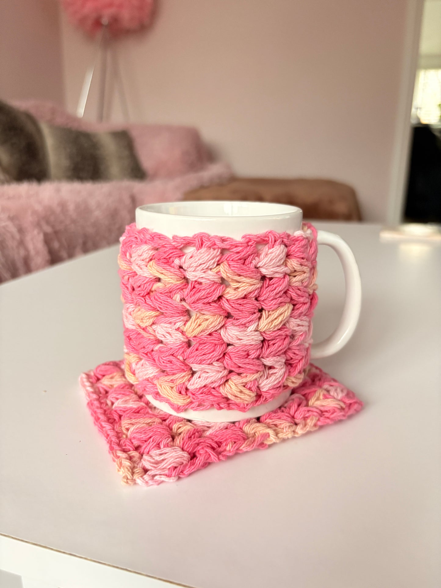 Handmade Crochet Cotton Mug Hug Cozy + Matching Coaster Set